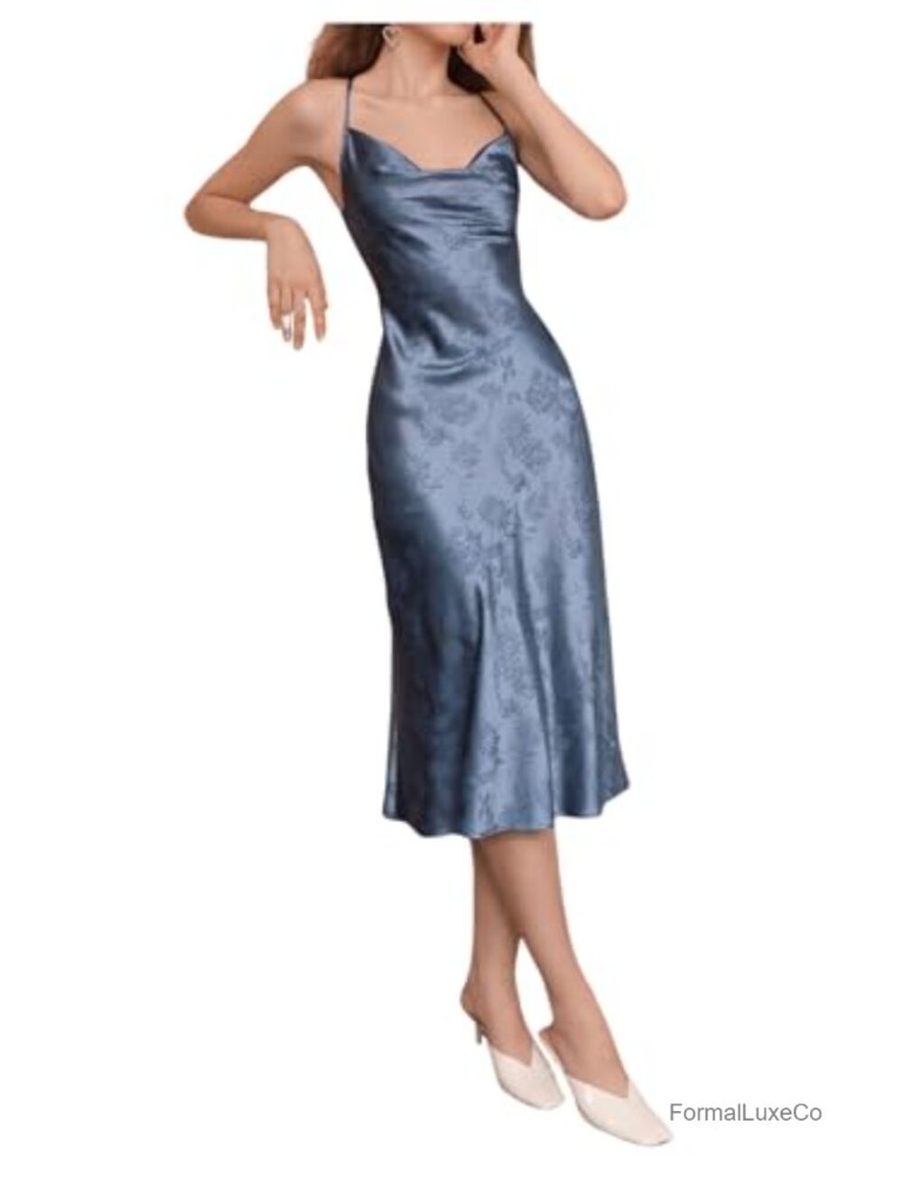 Spaghetti Strap Cowl Neck Satin Silk Midi Slip Dress Backless Mermaid